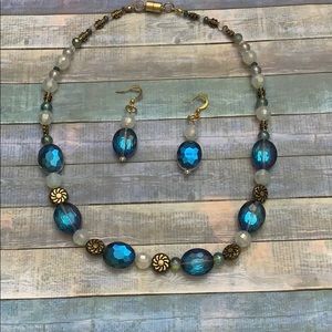 Blue Crystal Handcrafted Statement Necklace Set.